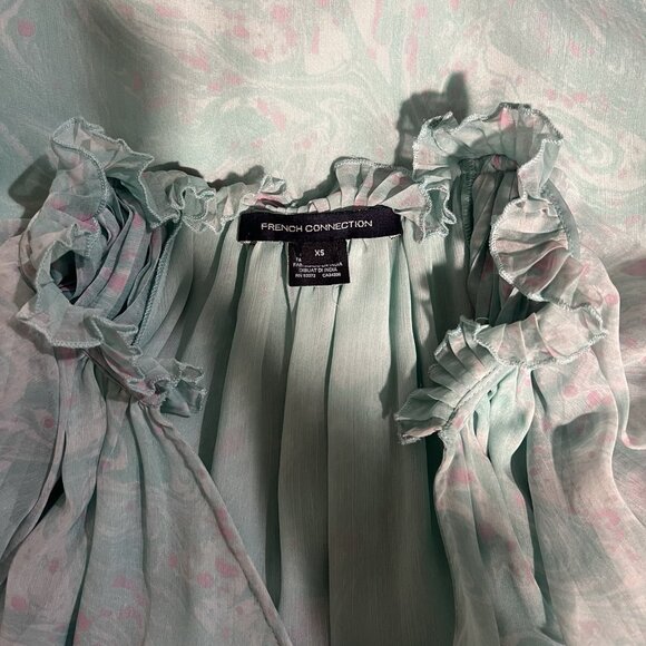 French Connection Endra Blouse XS Sheer Chiffon Glass Mint Frill Ruffle Flutter - Picture 5 of 8